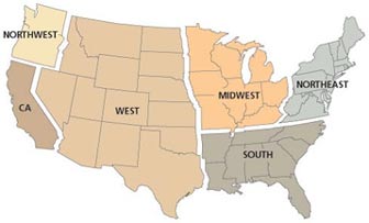 image map of the United States divided into regions